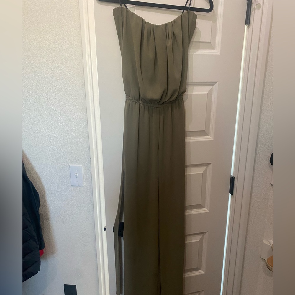 Strapless olive green jumpsuit with matching tie belt